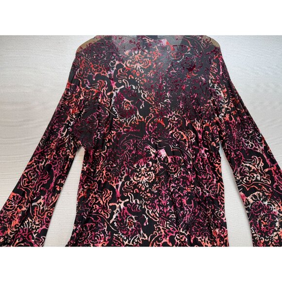 Venezia Velvet Burnout Wrap Blouse Top Womens 14/16 Red Sheer Flared Sleeves - Picture 11 of 12